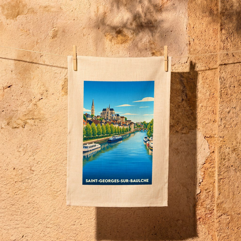 Torchon souvenir de la ville de Saint-Georges-sur-Baulche avec une illustration stylisée d'un canal et de son église.