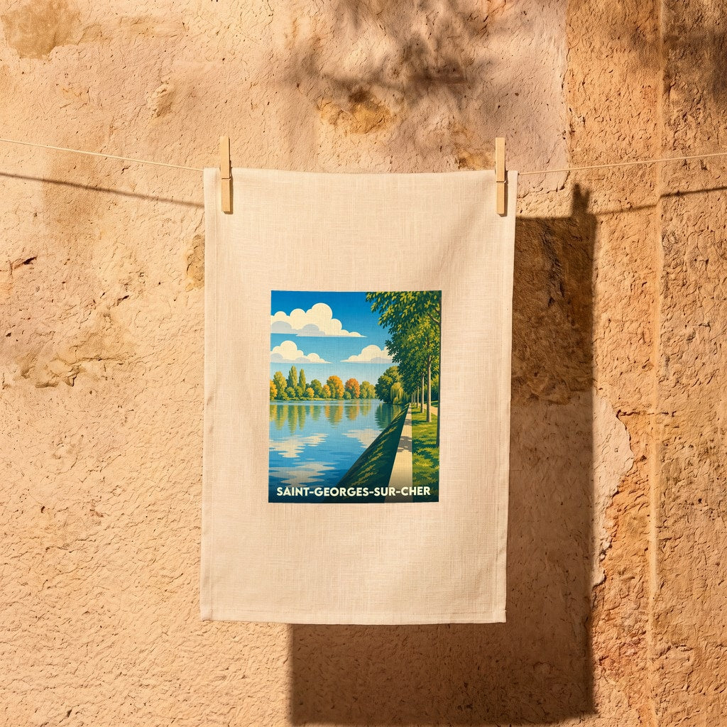 Torchon souvenir de la ville de Saint-Georges-sur-Cher avec une illustration stylisée des bords du Cher.