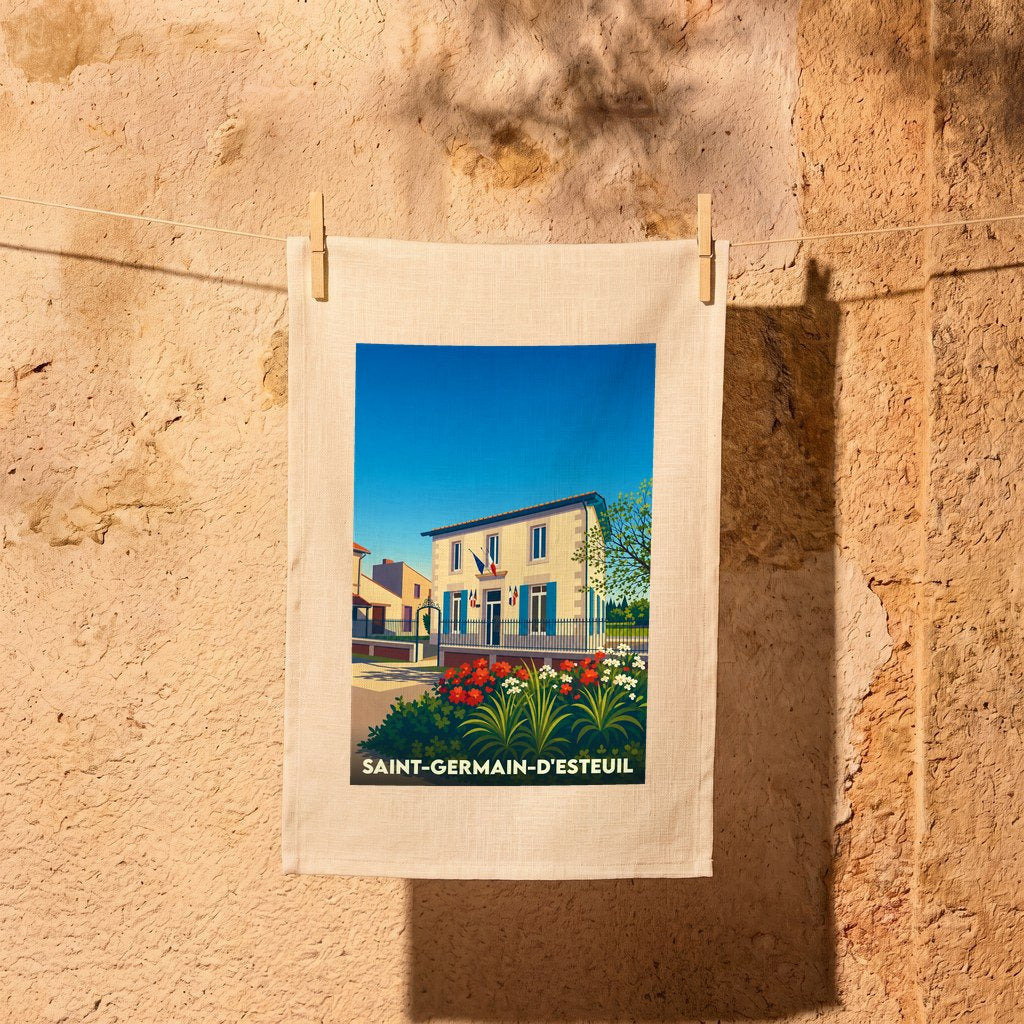 Torchon souvenir de la ville de Saint-Germain-d'Esteuil avec une illustration stylisée de sa mairie.