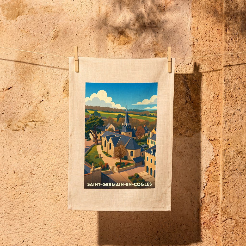 Torchon souvenir de la ville de Saint-Germain-en-Coglès avec une illustration stylisée.