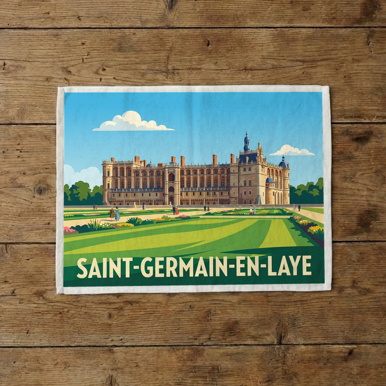 Torchon souvenir de la ville de Saint-Germain-en-Laye avec une illustration stylisée de son château et de ses jardins.