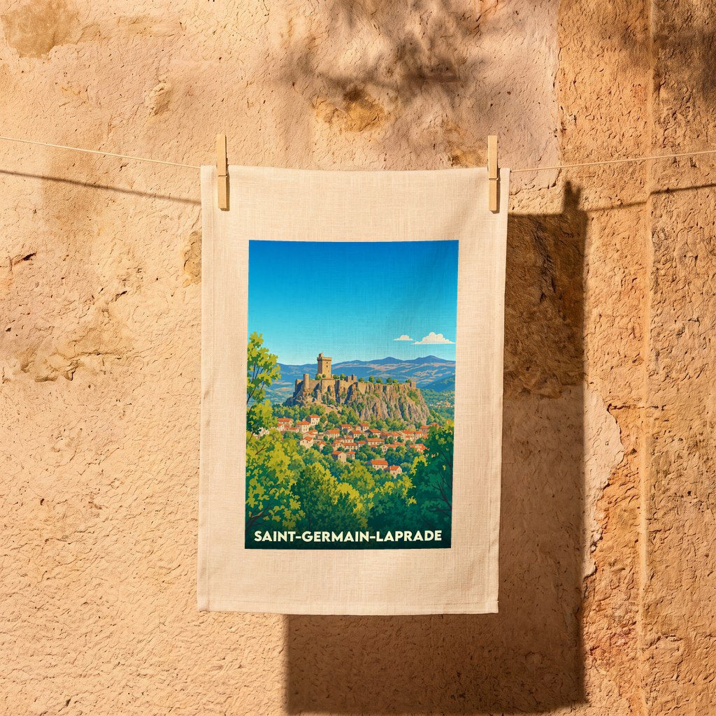 Torchon souvenir de Saint-Germain-Laprade orné d'une illustration stylisée du village et de son château.