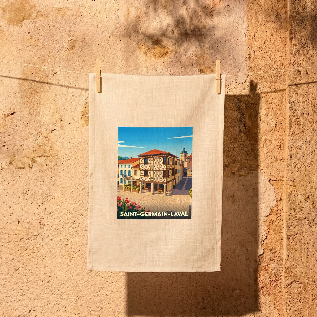Torchon souvenir de la ville de Saint-Germain-Laval avec une illustration stylisée d'une place historique.