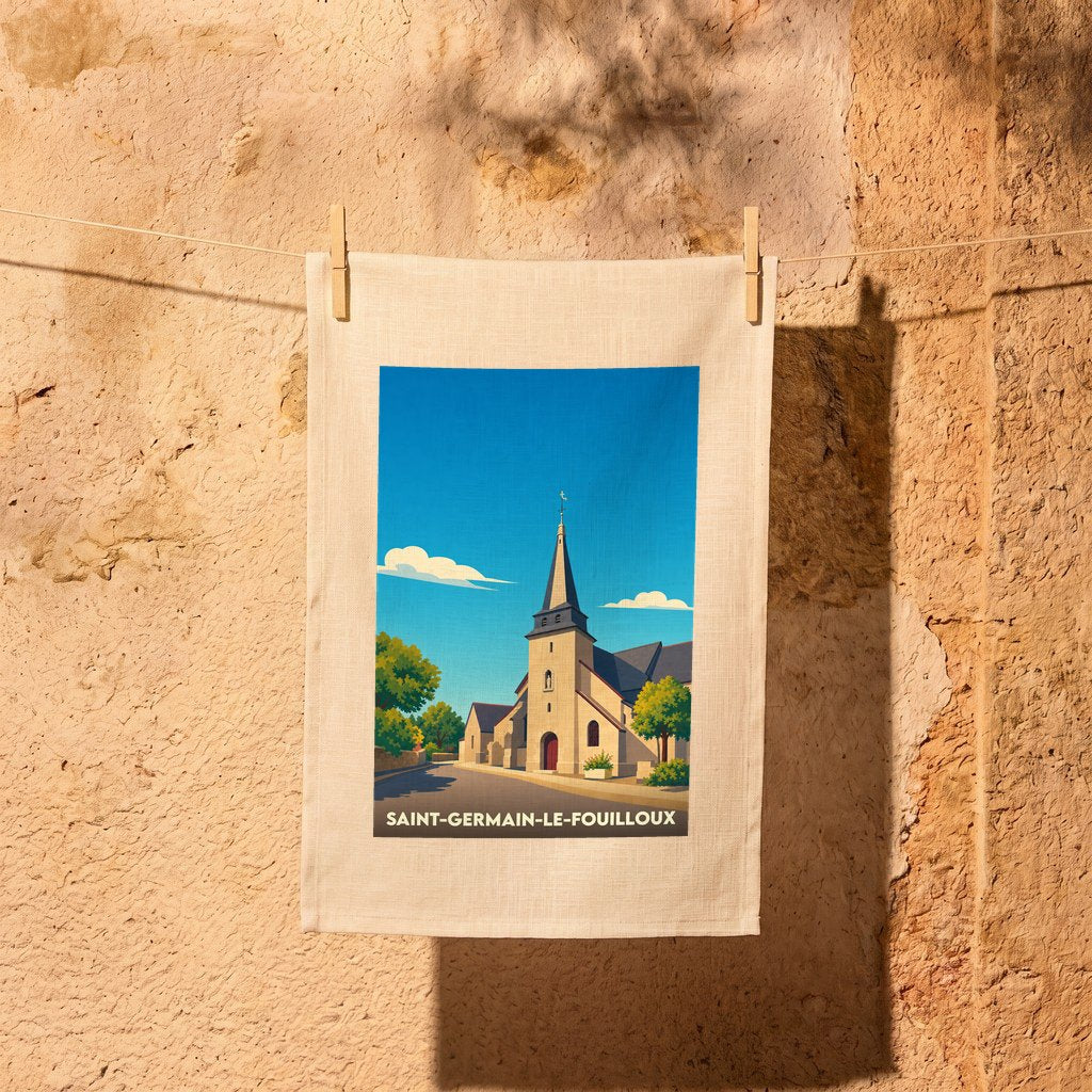 Torchon souvenir de Saint-Germain-le-Fouilloux avec une illustration stylisée de son église.