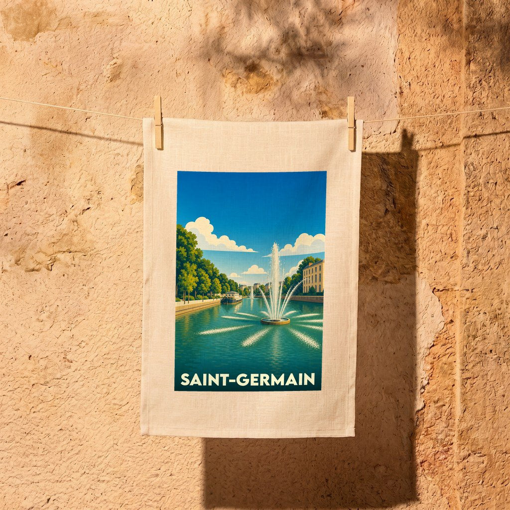 Torchon souvenir de la ville de Saint-Germain orné d'une illustration stylisée d'une fontaine sur l'eau.