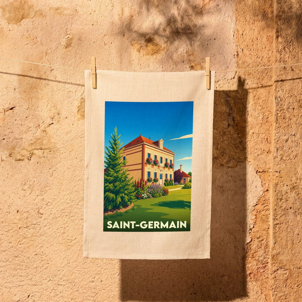 Torchon souvenir de la ville de Saint-Germain avec une illustration stylisée d'une maison de maître fleurie.