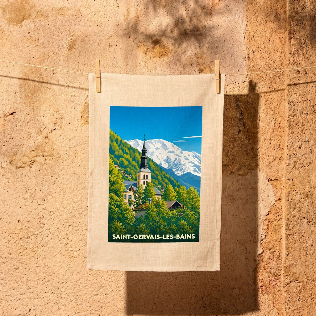 Torchon souvenir de la ville de Saint-Gervais-les-Bains avec une illustration stylisée de montagne.