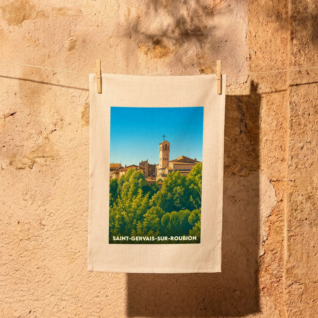 Torchon souvenir de la ville de Saint-Gervais-sur-Roubion avec une illustration stylisée.