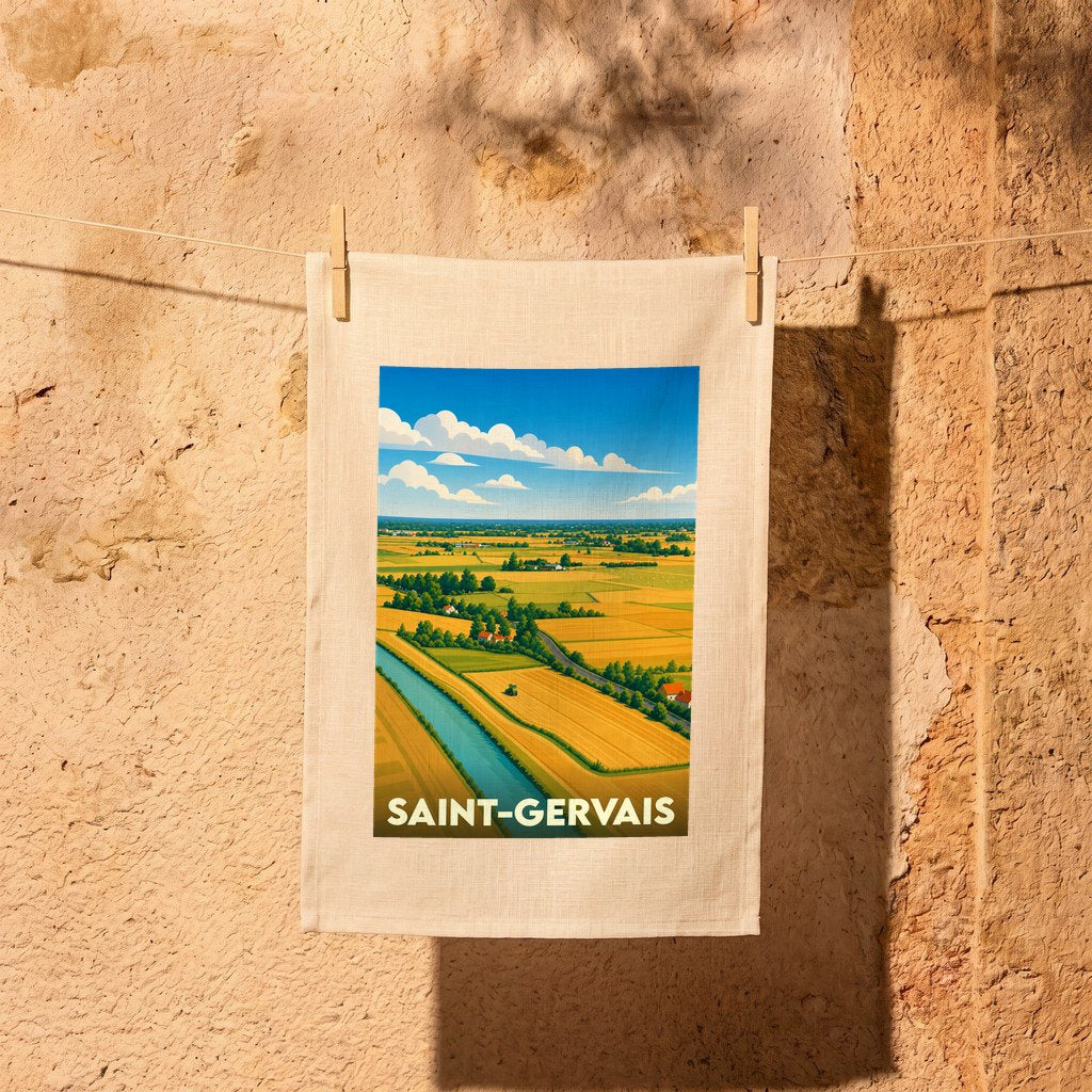 Torchon souvenir de la ville de Saint-Gervais avec une illustration paysagère stylisée.