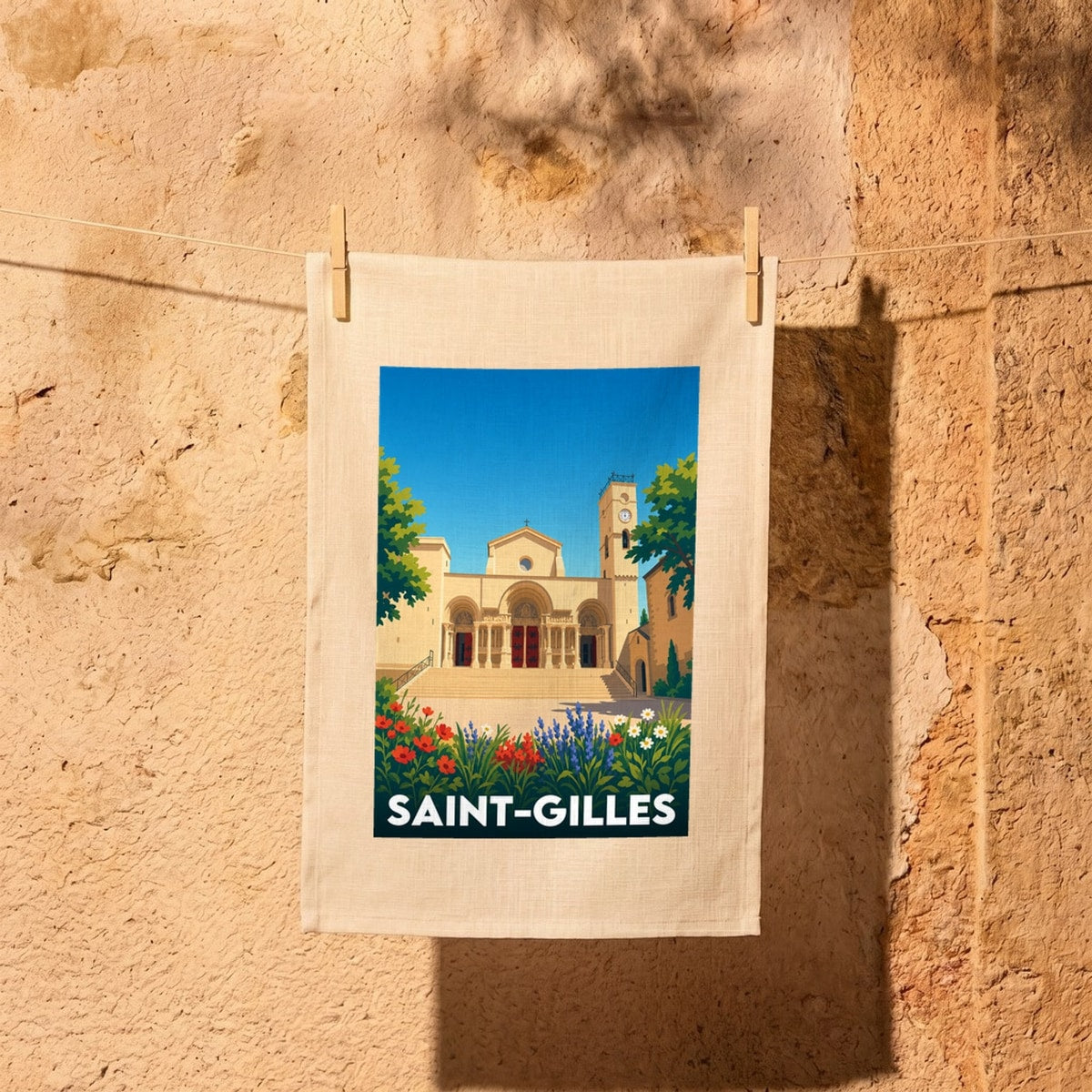 Torchon souvenir de la ville de Saint-Gilles avec une illustration stylisée de son abbaye.