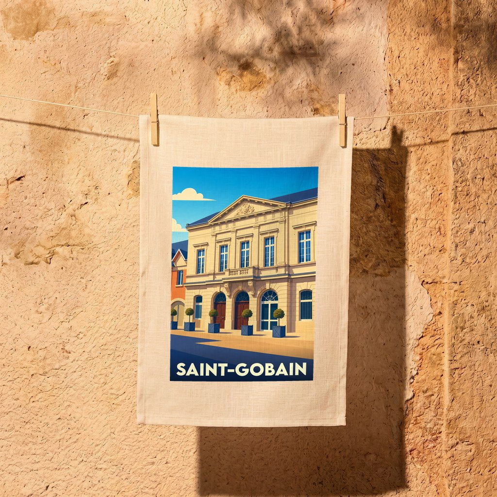 Torchon souvenir de la ville de Saint-Gobain illustré d'une affiche de style vintage représentant un bâtiment classique.