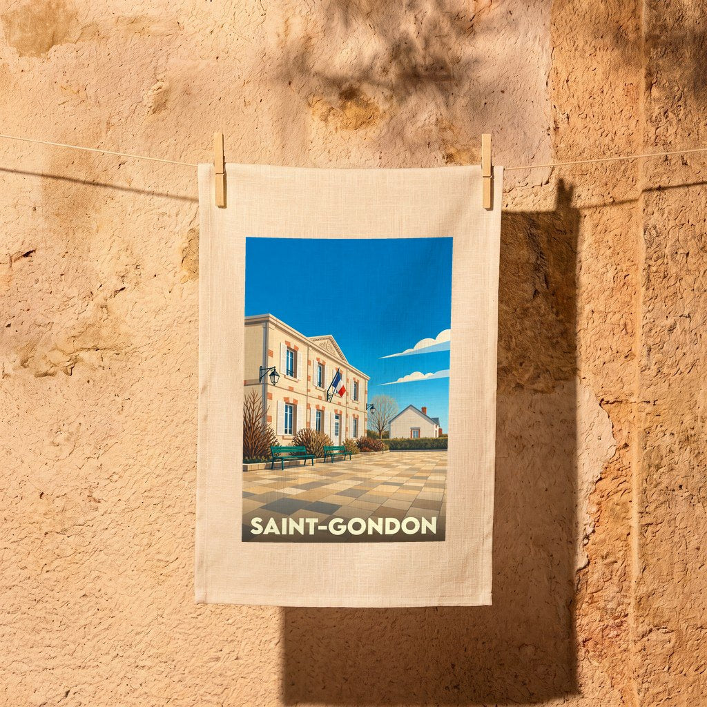 Torchon souvenir de la ville de Saint-Gondon avec une illustration stylisée d'une place ensoleillée.
