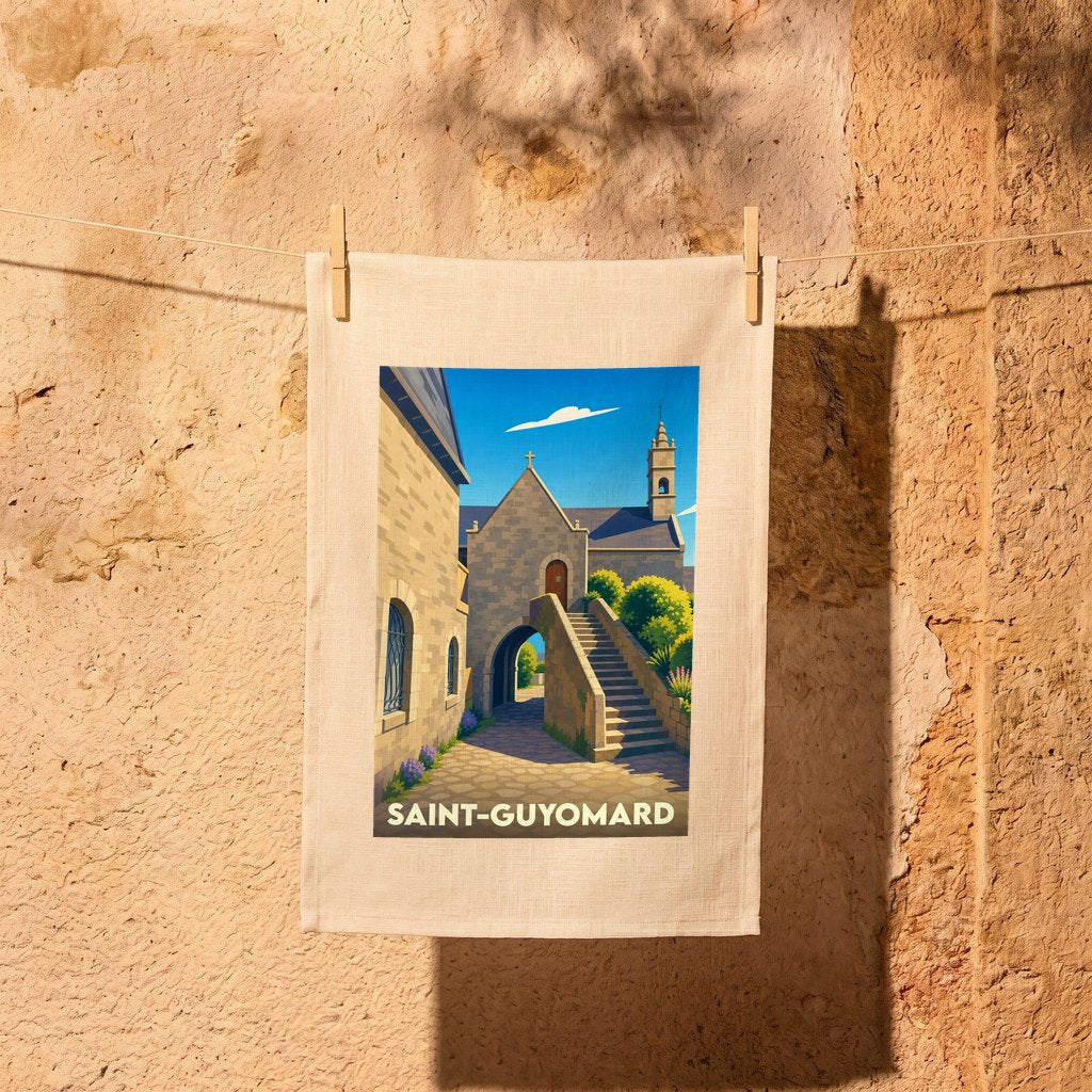 Torchon souvenir de la ville de Saint-Guyomard avec une illustration stylisée d'un monument historique breton.