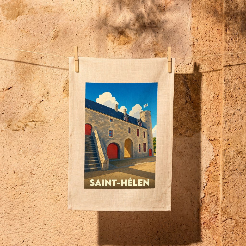 Torchon souvenir de la ville de Saint-Hélen avec une illustration stylisée d'un bâtiment historique en pierre.