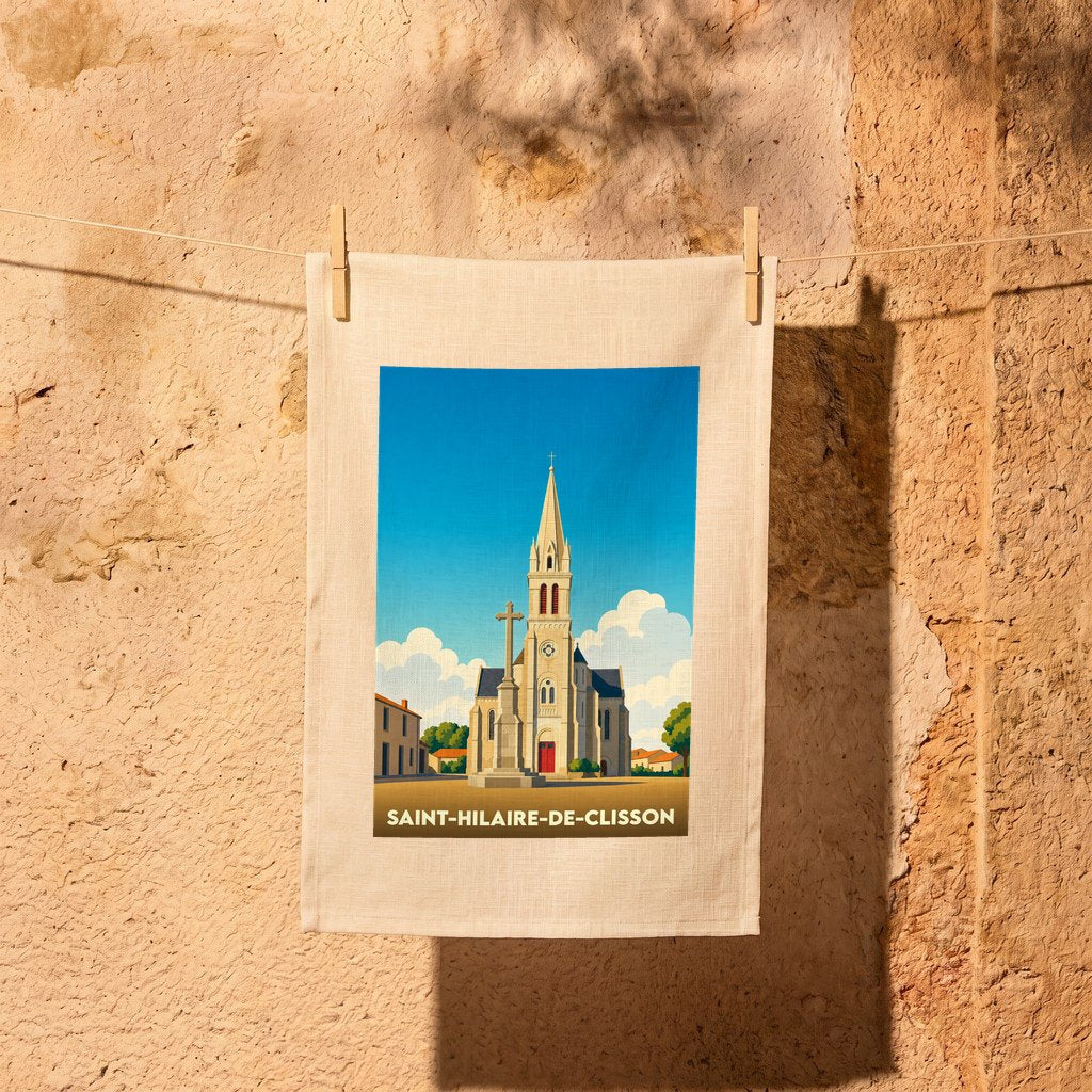Torchon souvenir de la ville de Saint-Hilaire-de-Clisson orné d'une illustration stylisée de son église.