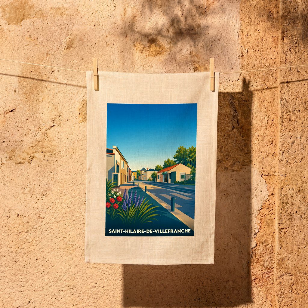 Torchon souvenir de Saint-Hilaire-de-Villefranche avec une illustration stylisée du village.