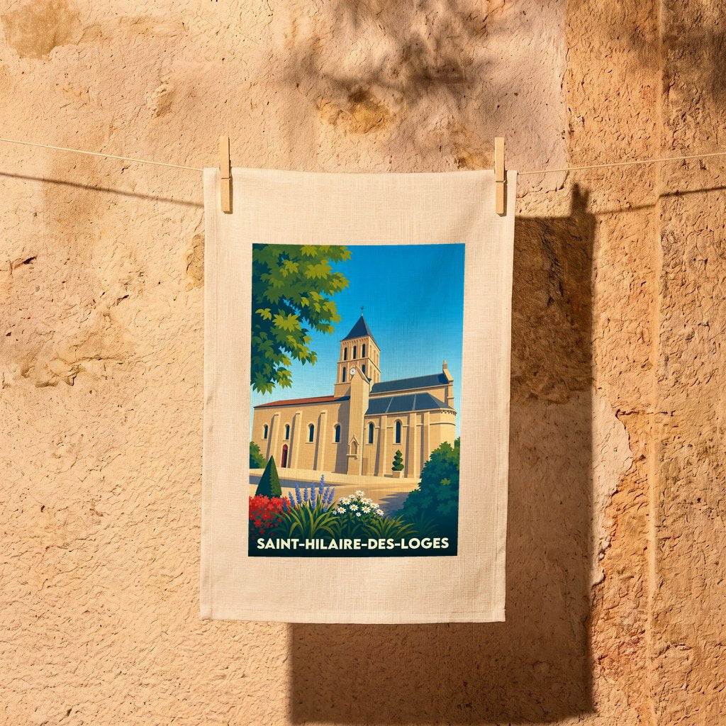 Torchon souvenir de la ville de Saint-Hilaire-des-Loges avec une illustration stylisée de son église.