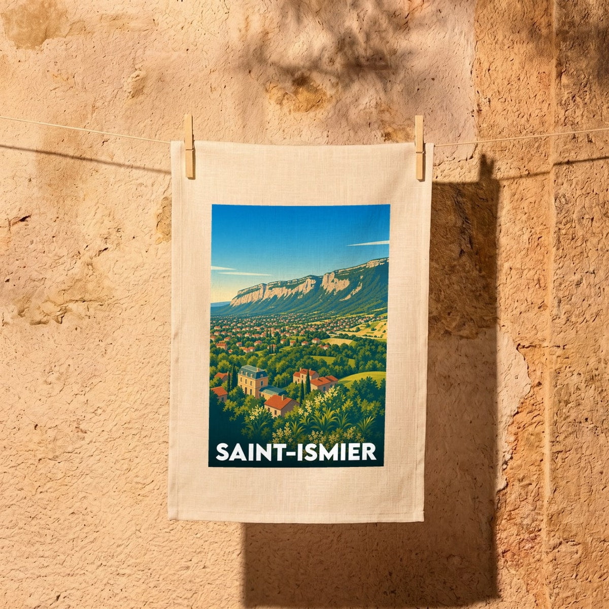Torchon souvenir de la ville de Saint-Ismier avec une illustration stylisée d'un paysage montagneux et de son village.