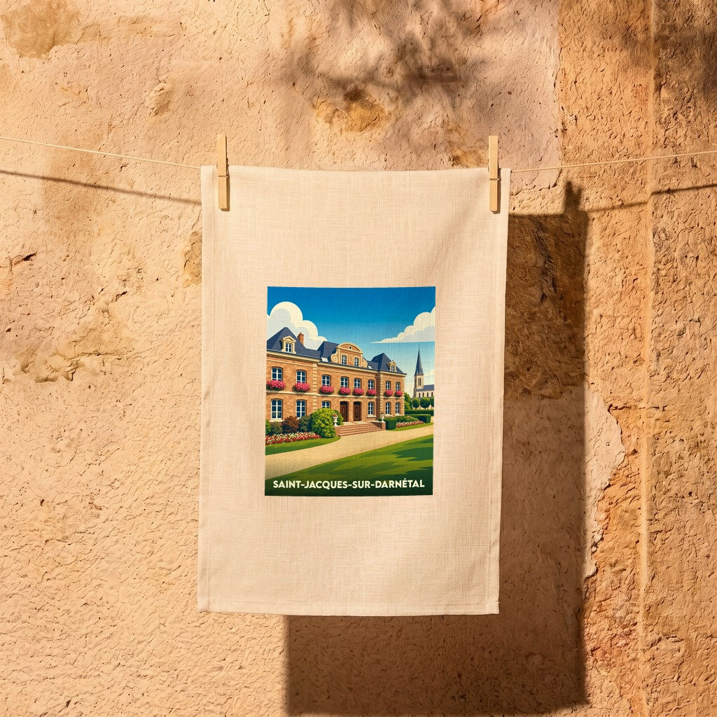 Torchon souvenir de la ville de Saint-Jacques-sur-Darnétal avec une illustration stylisée d'un manoir normand.