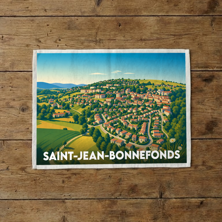 Torchon souvenir de la ville de Saint-Jean-Bonnefonds avec une illustration stylisée d'un village vallonné.