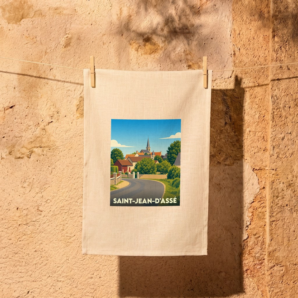 Torchon souvenir de la ville de Saint-Jean-d'Assé avec une illustration stylisée d'un paysage de village français.