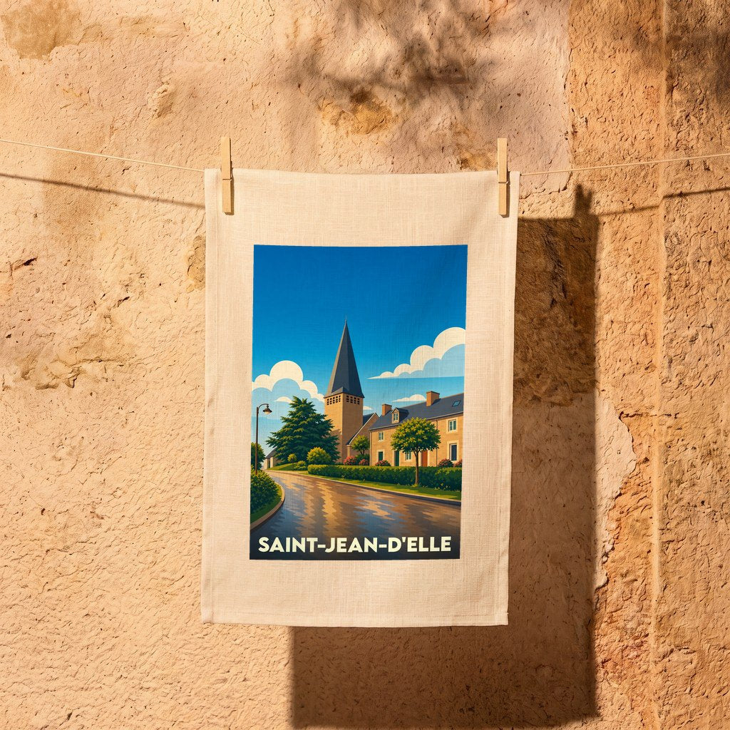 Torchon souvenir de la ville de Saint-Jean-d'Elle avec une illustration stylisée.