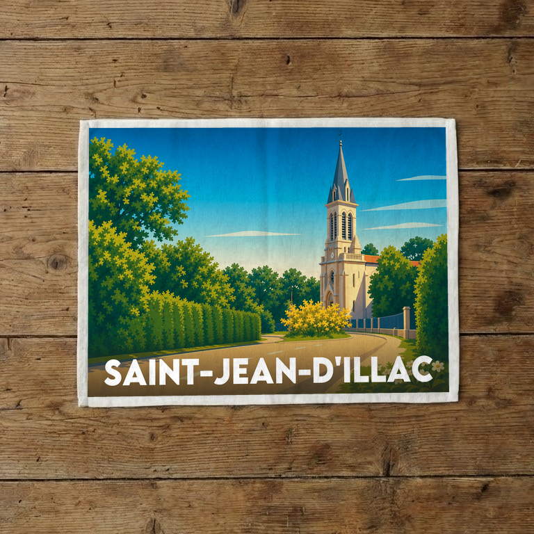 Torchon souvenir de la ville de Saint-Jean-d'Illac avec une illustration stylisée de son église.