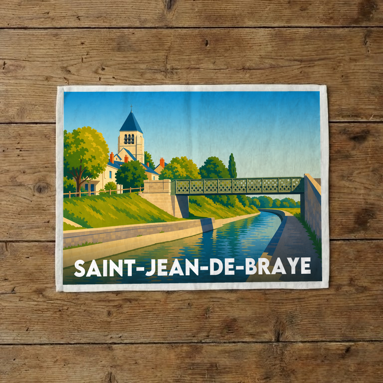 Torchon souvenir de la ville de Saint-Jean-de-Braye avec une illustration stylisée d'un canal et d'une église.