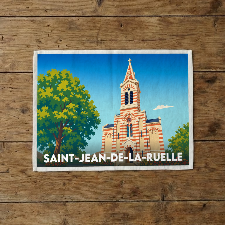 Torchon souvenir de la ville de Saint-Jean-de-la-Ruelle avec une illustration stylisée de son église.