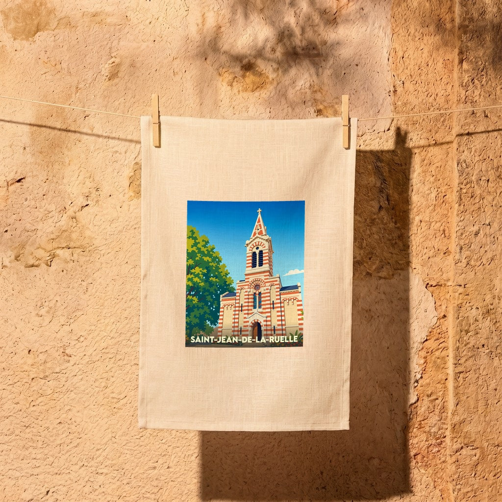 Torchon souvenir de la ville de Saint-Jean-de-la-Ruelle avec une illustration stylisée de son église.
