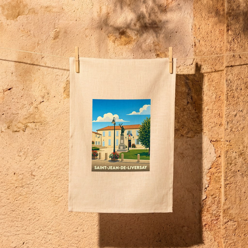 Torchon souvenir de la ville de Saint-Jean-de-Liversay avec une illustration stylisée de sa place principale.