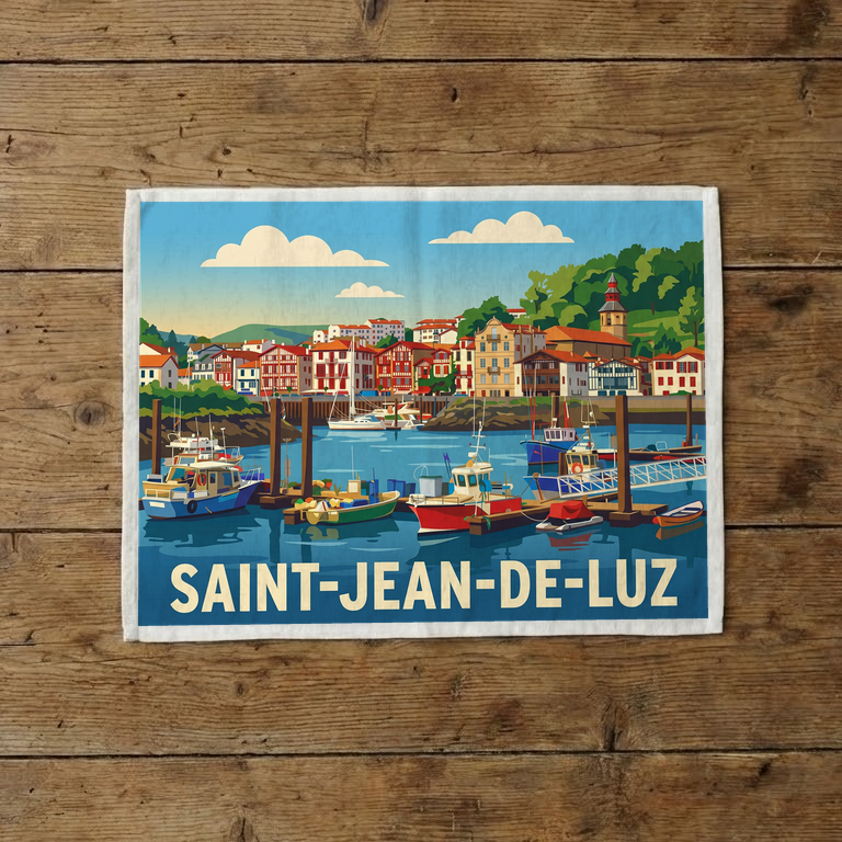 Torchon souvenir de la ville de Saint-Jean-de-Luz avec une illustration stylisée de son port de pêche.