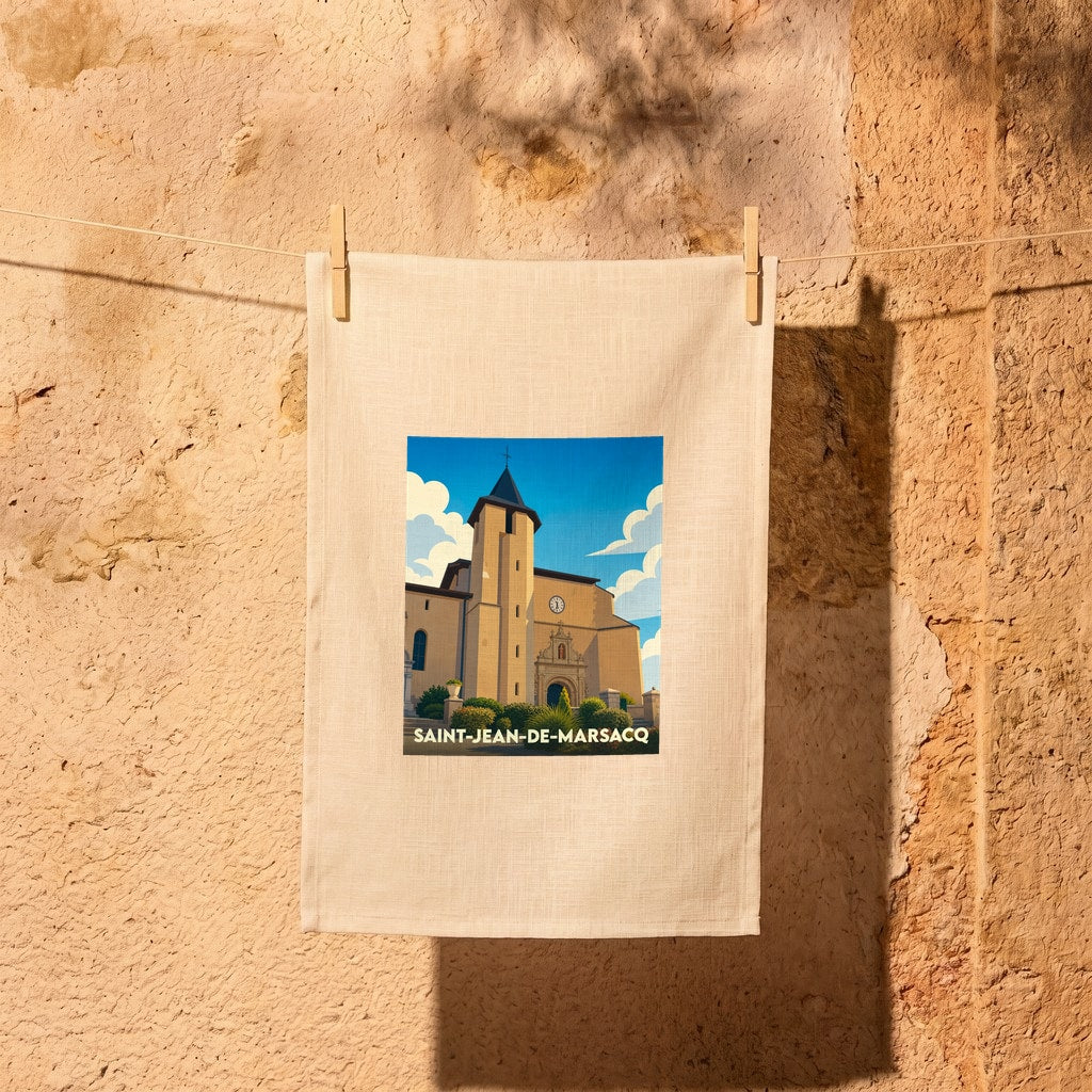 Torchon souvenir de la ville de Saint-Jean-de-Marsacq avec une illustration stylisée de son église.