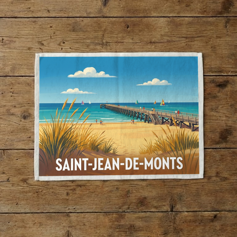 Torchon souvenir de Saint-Jean-de-Monts illustré par une vue stylisée de la plage et de son estacade.