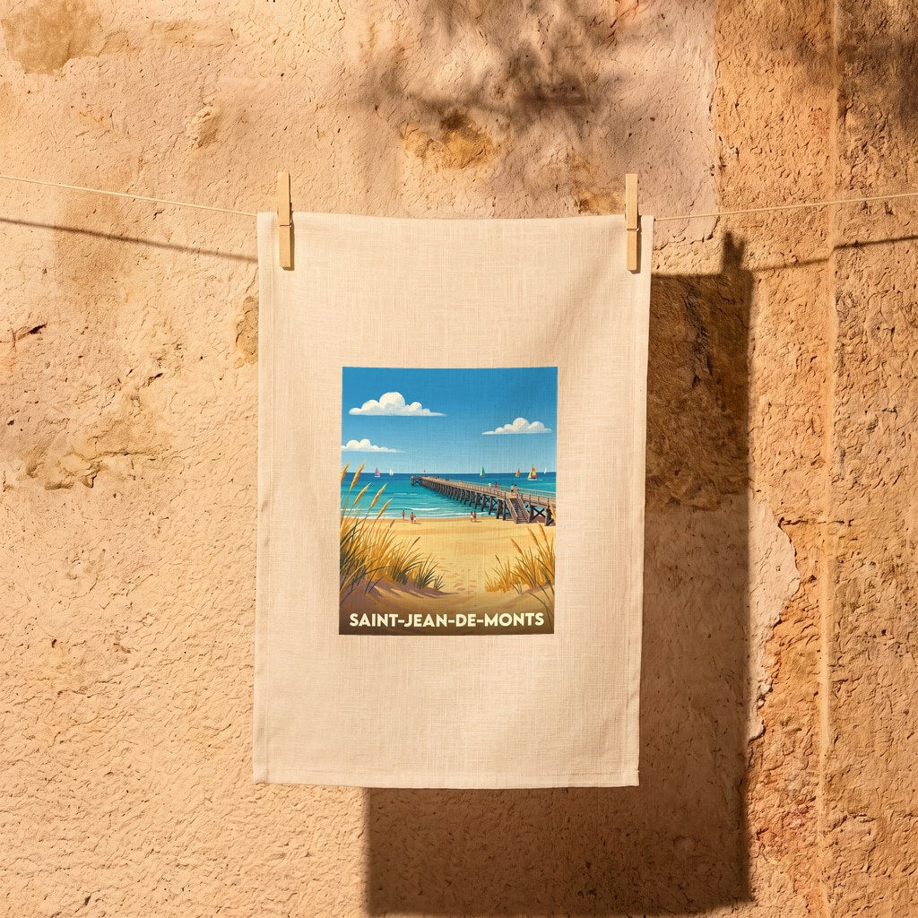 Torchon souvenir de Saint-Jean-de-Monts illustré par une vue stylisée de la plage et de son estacade.