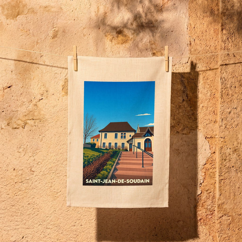 Torchon souvenir de la ville de Saint-Jean-de-Soudain avec une illustration stylisée de son architecture.