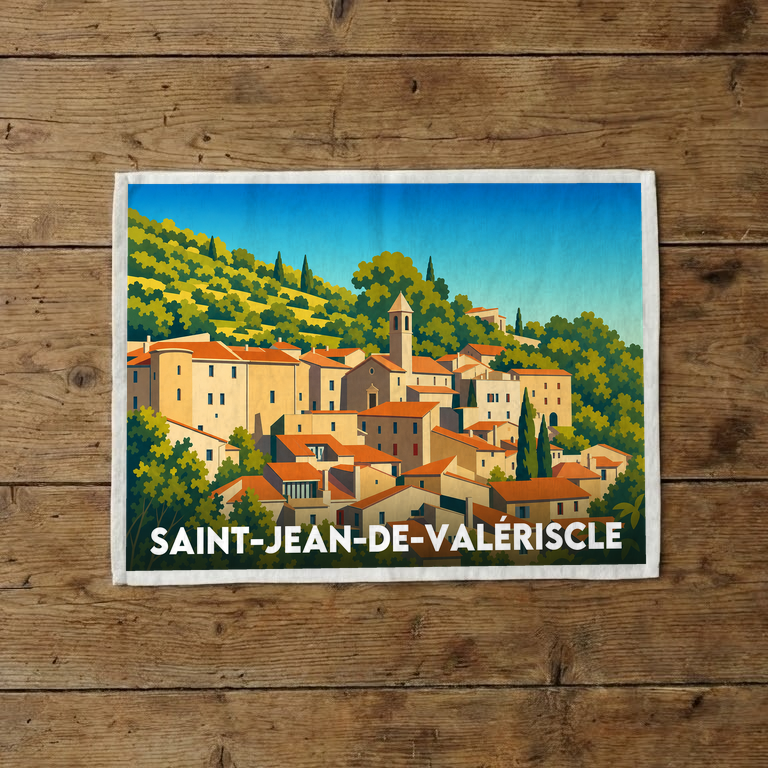 Torchon souvenir de la ville de Saint-Jean-de-Valériscle avec une illustration stylisée.