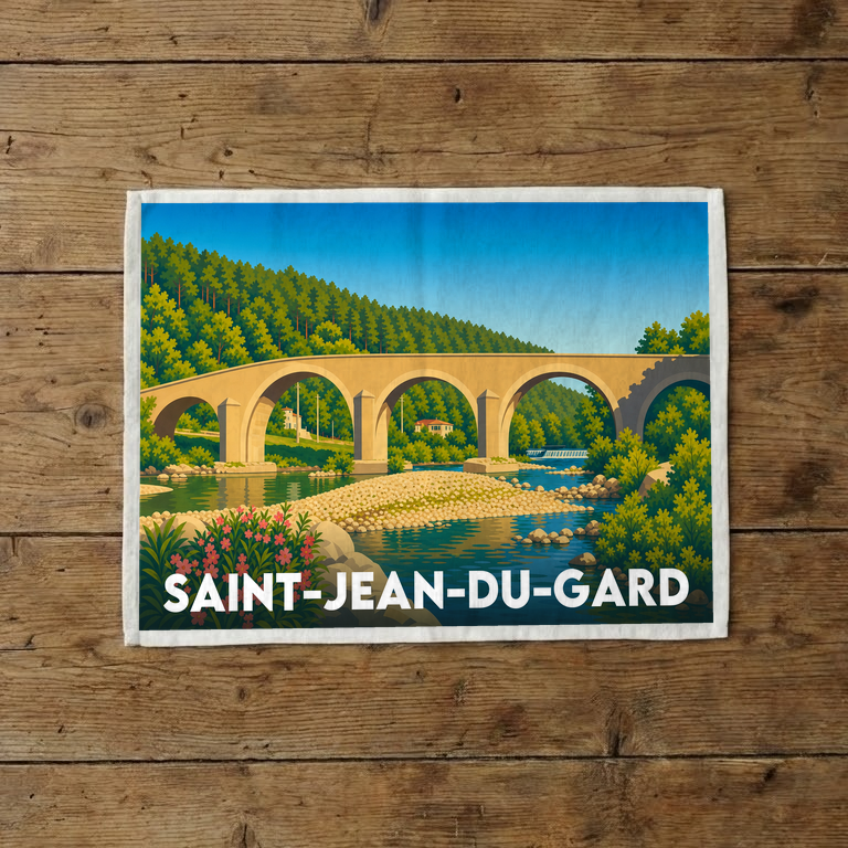 Torchon souvenir de la ville de Saint-Jean-du-Gard avec une illustration stylisée de son pont en pierre.