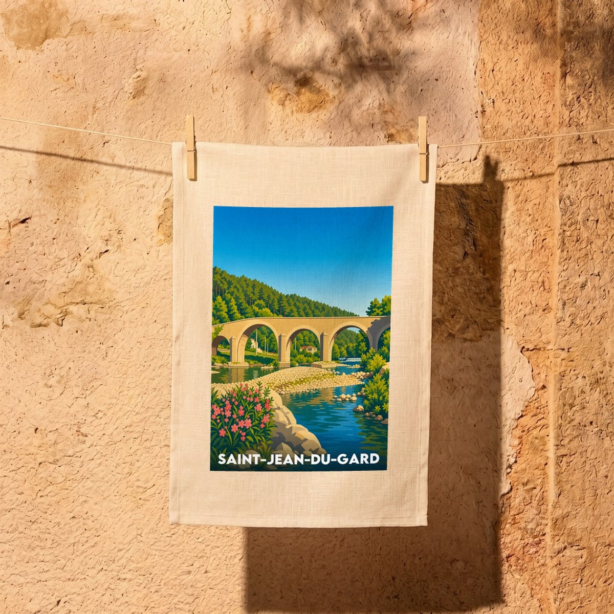 Torchon souvenir de la ville de Saint-Jean-du-Gard avec une illustration stylisée de son pont en pierre.