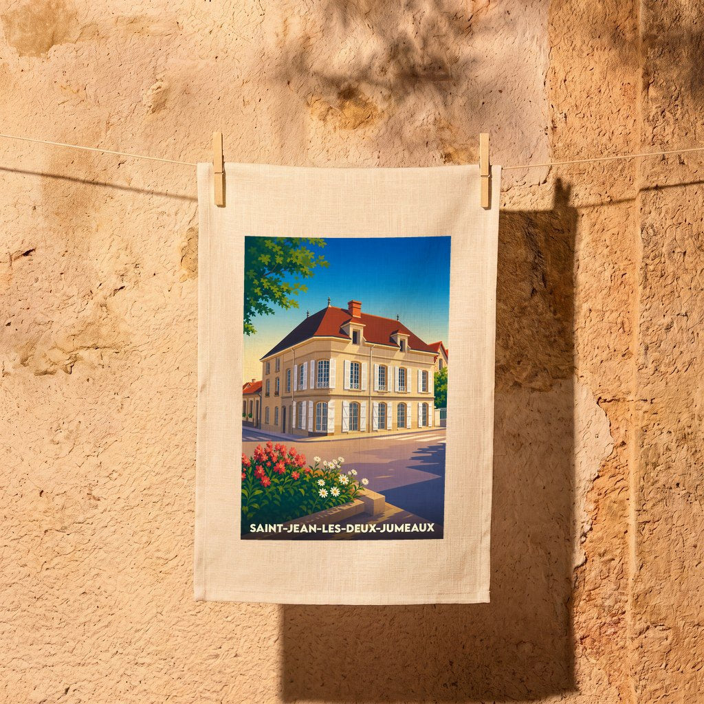 Torchon souvenir de la ville de Saint-Jean-les-Deux-Jumeaux avec une illustration stylisée d'une bâtisse historique.