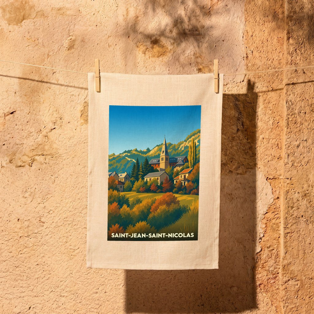 Torchon souvenir de Saint-Jean-Saint-Nicolas illustré par un paysage de montagne automnal stylisé.