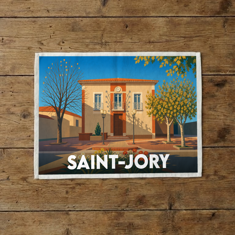 Torchon souvenir de la ville de Saint-Jory avec une illustration stylisée de sa mairie.