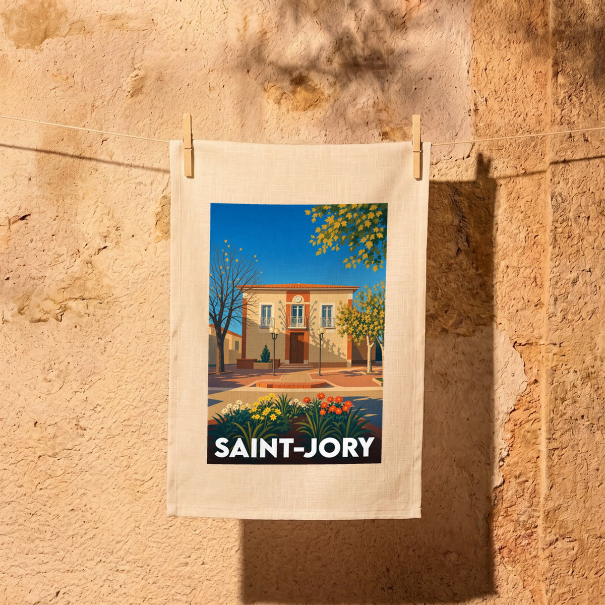 Torchon souvenir de la ville de Saint-Jory avec une illustration stylisée de sa mairie.