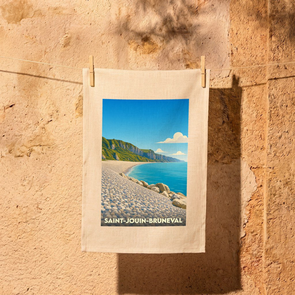 Torchon souvenir de la ville de Saint-Jouin-Bruneval avec une illustration stylisée de son littoral.