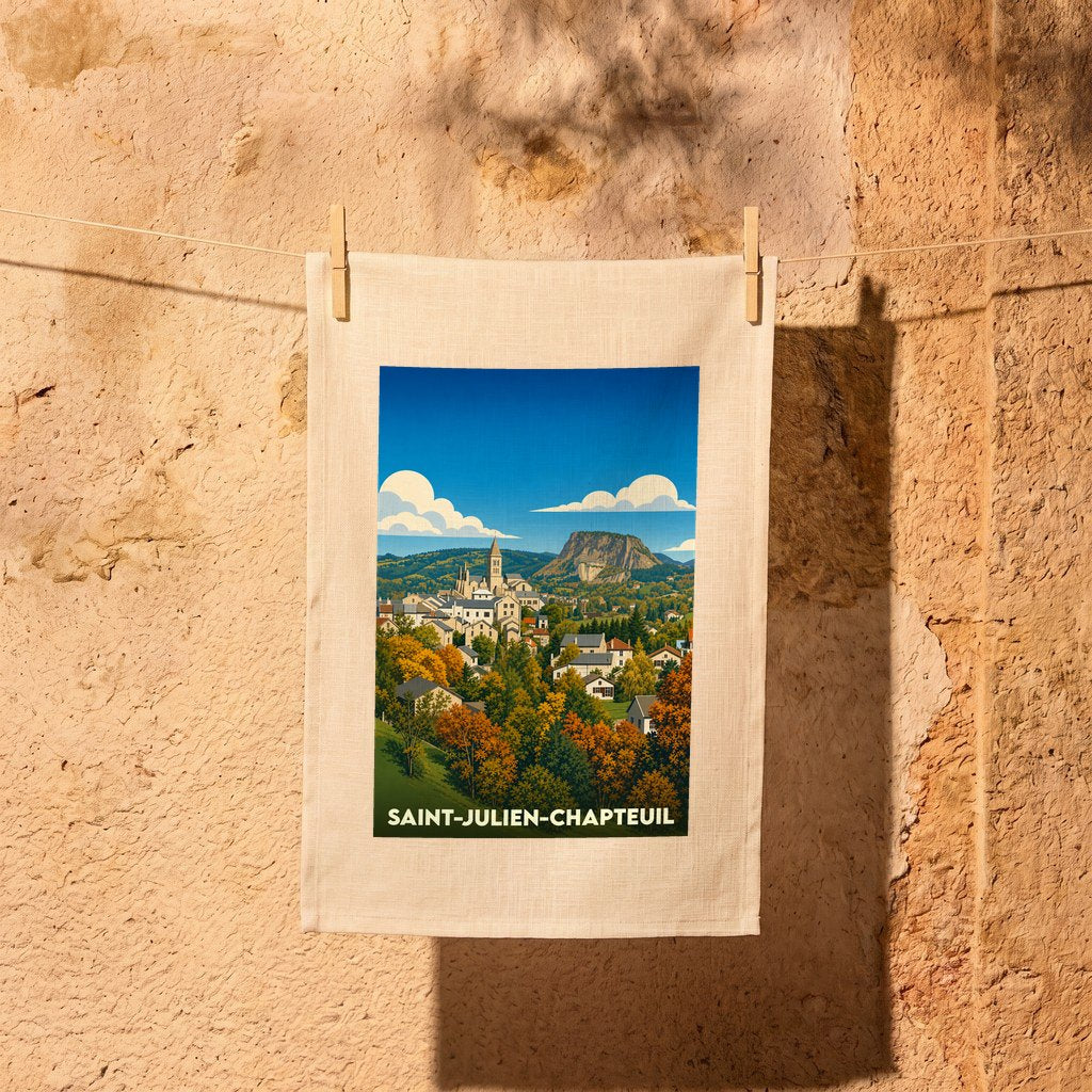 Torchon souvenir de la ville de Saint-Julien-Chapteuil avec une illustration stylisée de son paysage.