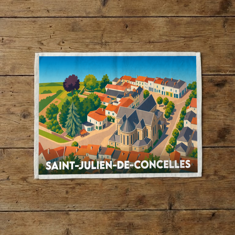 Torchon souvenir de la ville de Saint-Julien-de-Concelles avec une illustration stylisée en vue aérienne.