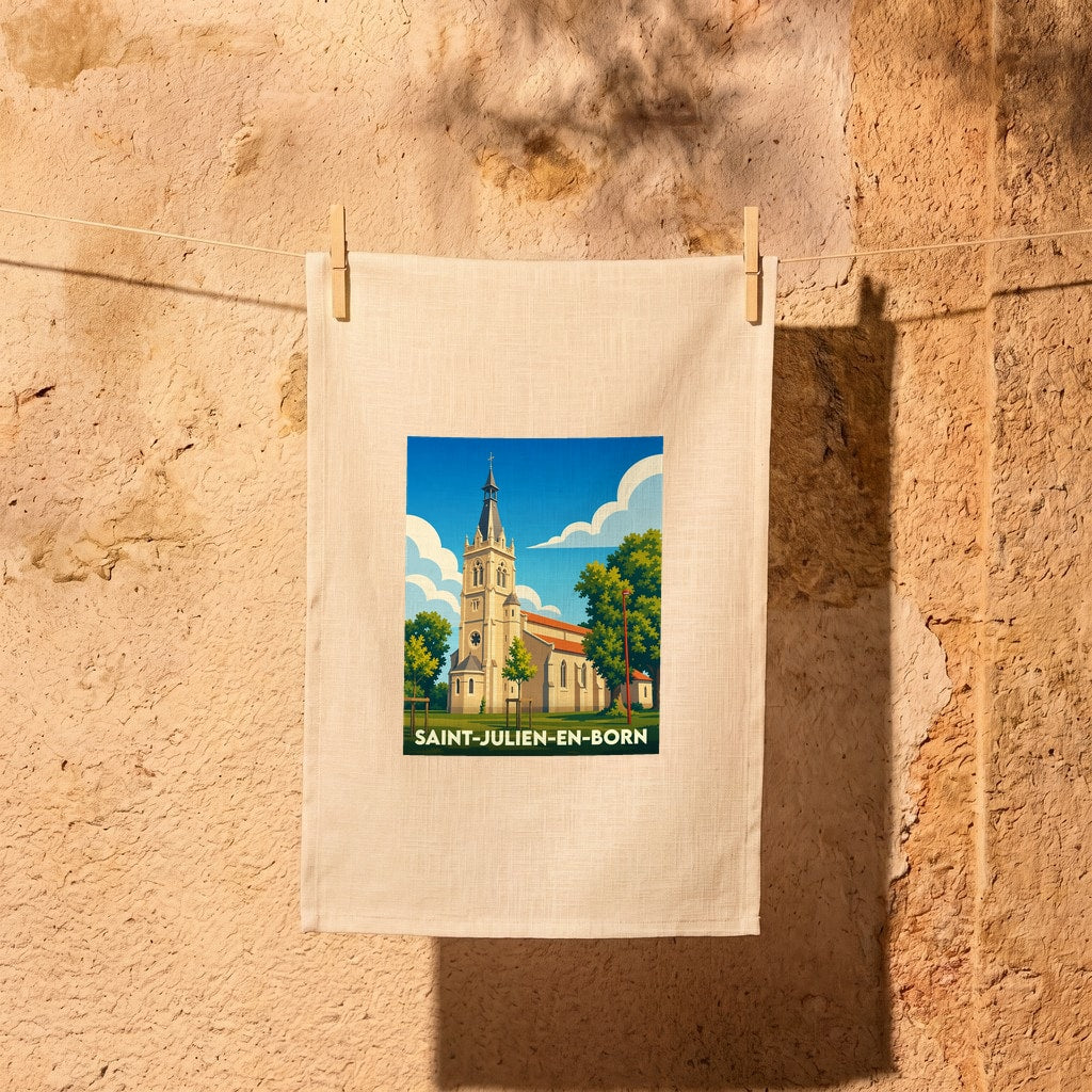 Torchon souvenir de la ville de Saint-Julien-en-Born avec une illustration stylisée de son église.
