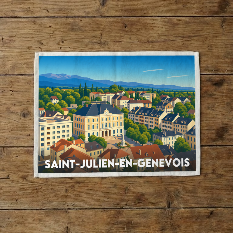 Torchon souvenir de la ville de Saint-Julien-en-Genevois avec une illustration stylisée de son paysage urbain.