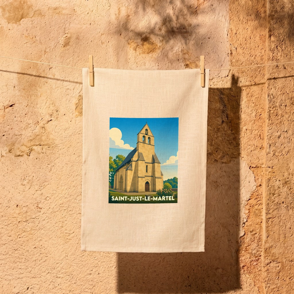 Torchon souvenir de la ville de Saint-Just-le-Martel avec une illustration stylisée de son église.