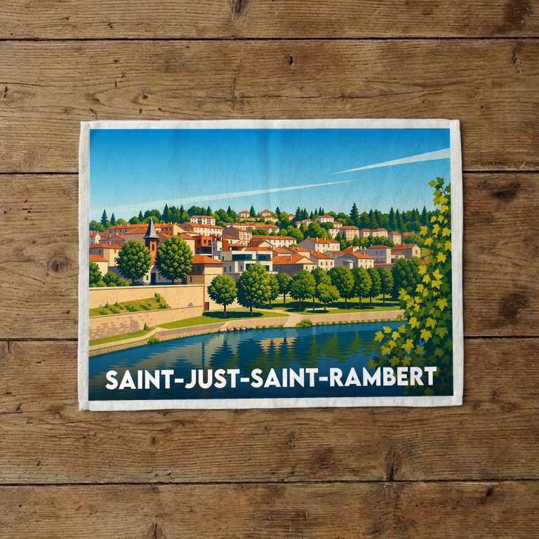 Torchon souvenir de la ville de Saint-Just-Saint-Rambert avec une illustration stylisée des bords de Loire.